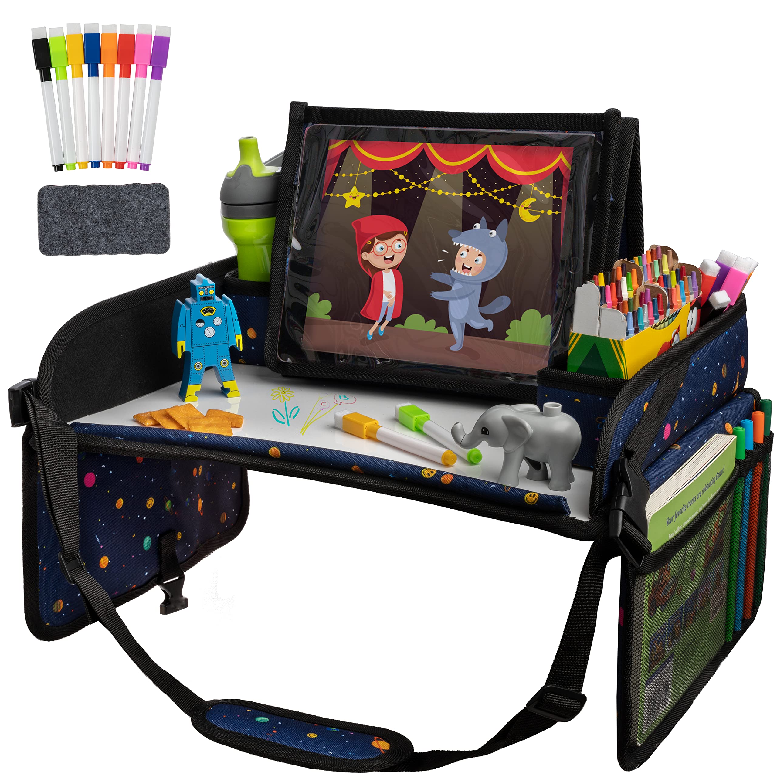 Lusso Gear car seat activity tray with dry-erase top for mess-free travel.