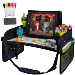 Lusso Gear car seat activity tray with dry-erase top for mess-free travel.