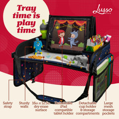 Lusso Gear car-seat organizer with mesh pockets keeps toys organized.