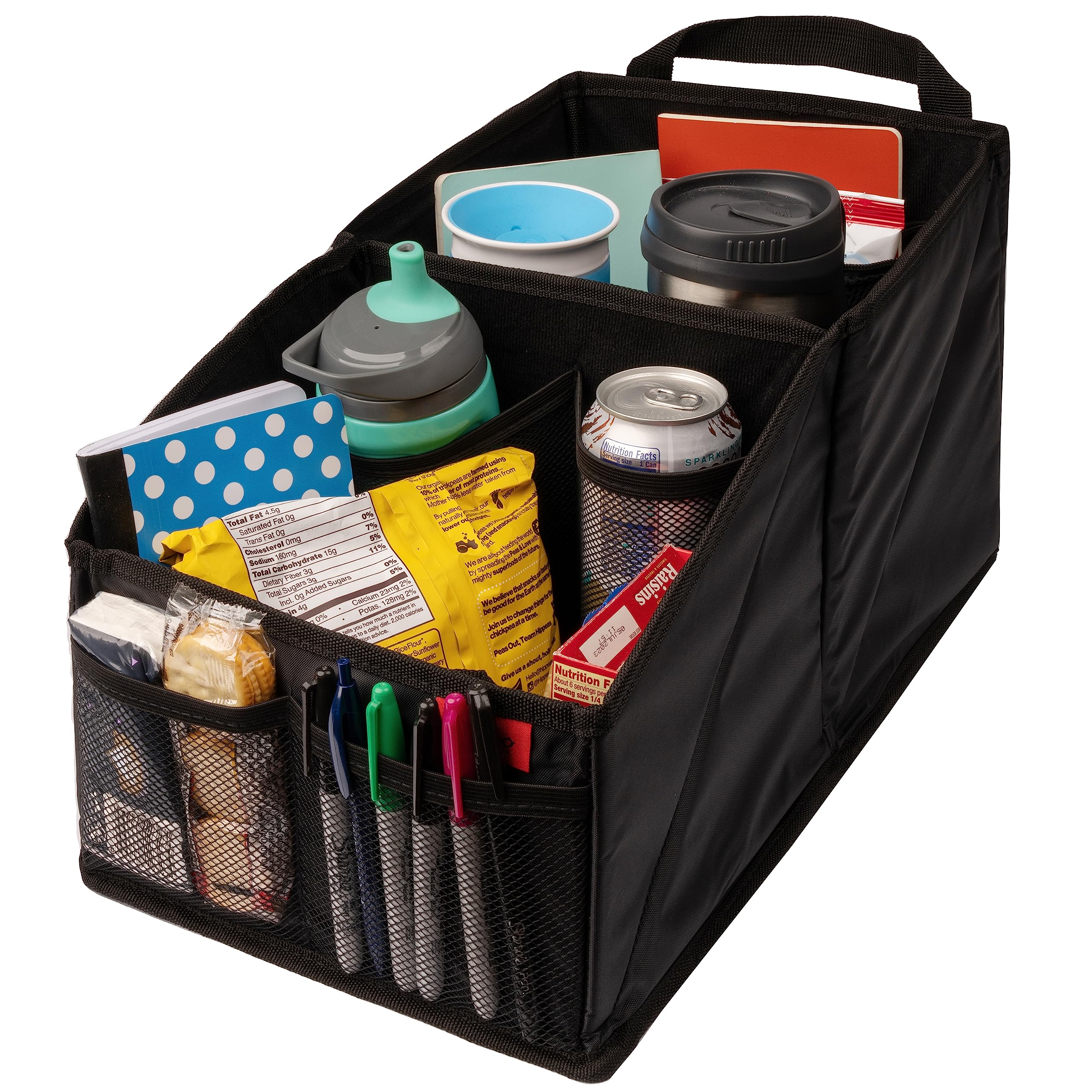 Lusso Gear car seat organizer front view with built-in cup holders for snacks on the go.