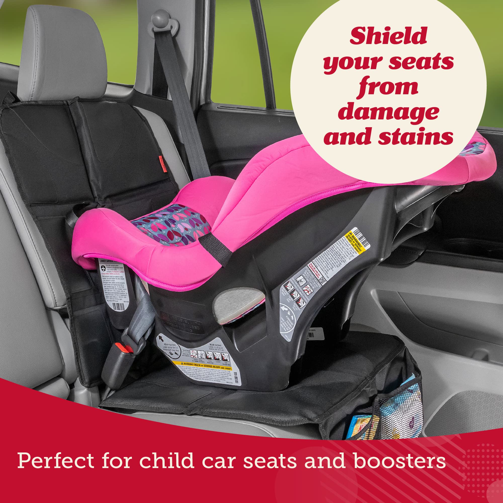 Lusso Gear car seat protector non-slip-backing keeps seats in place during energetic journeys.