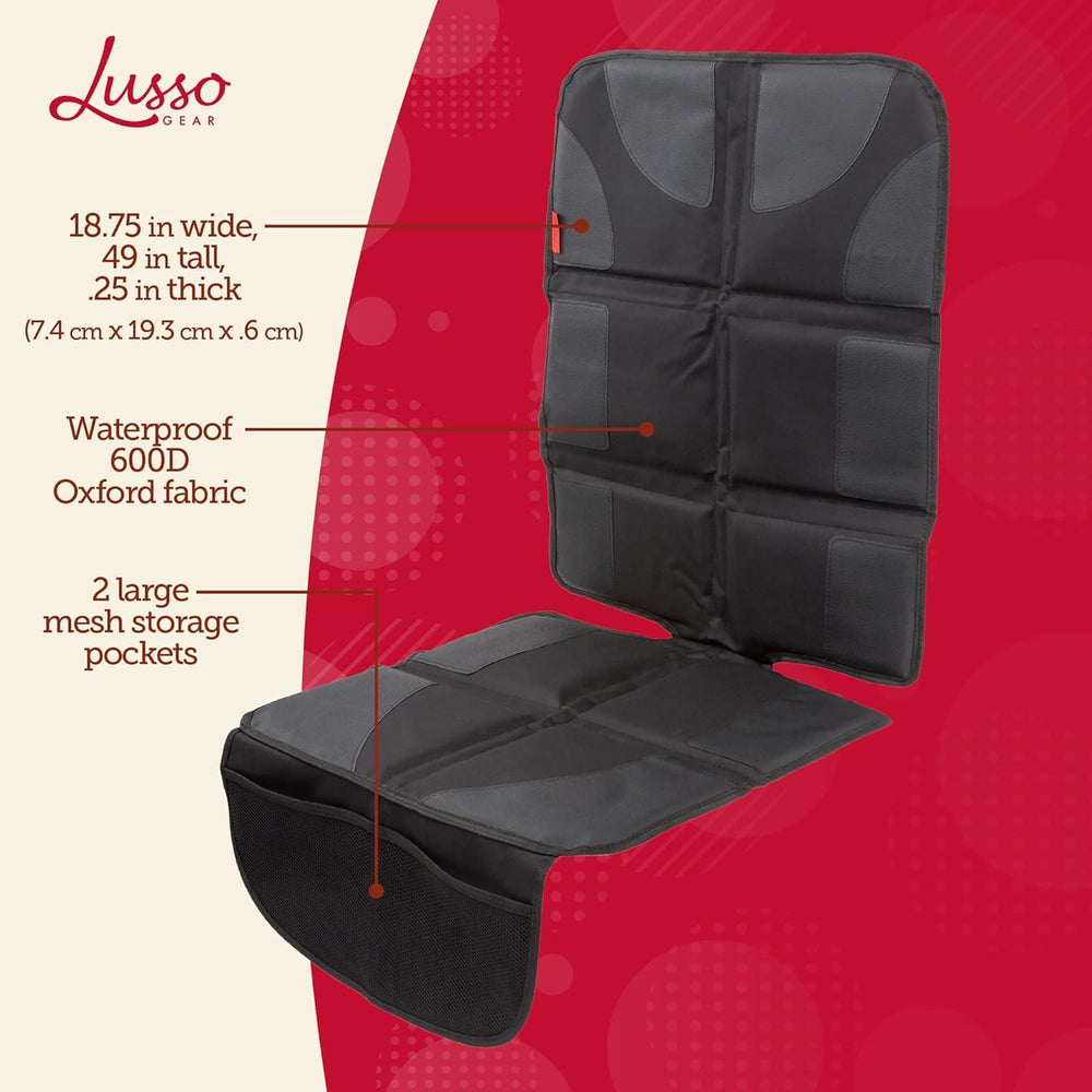 Lusso Gear car seat protector tan strap-attachment close-up shows easy quick-install setup.