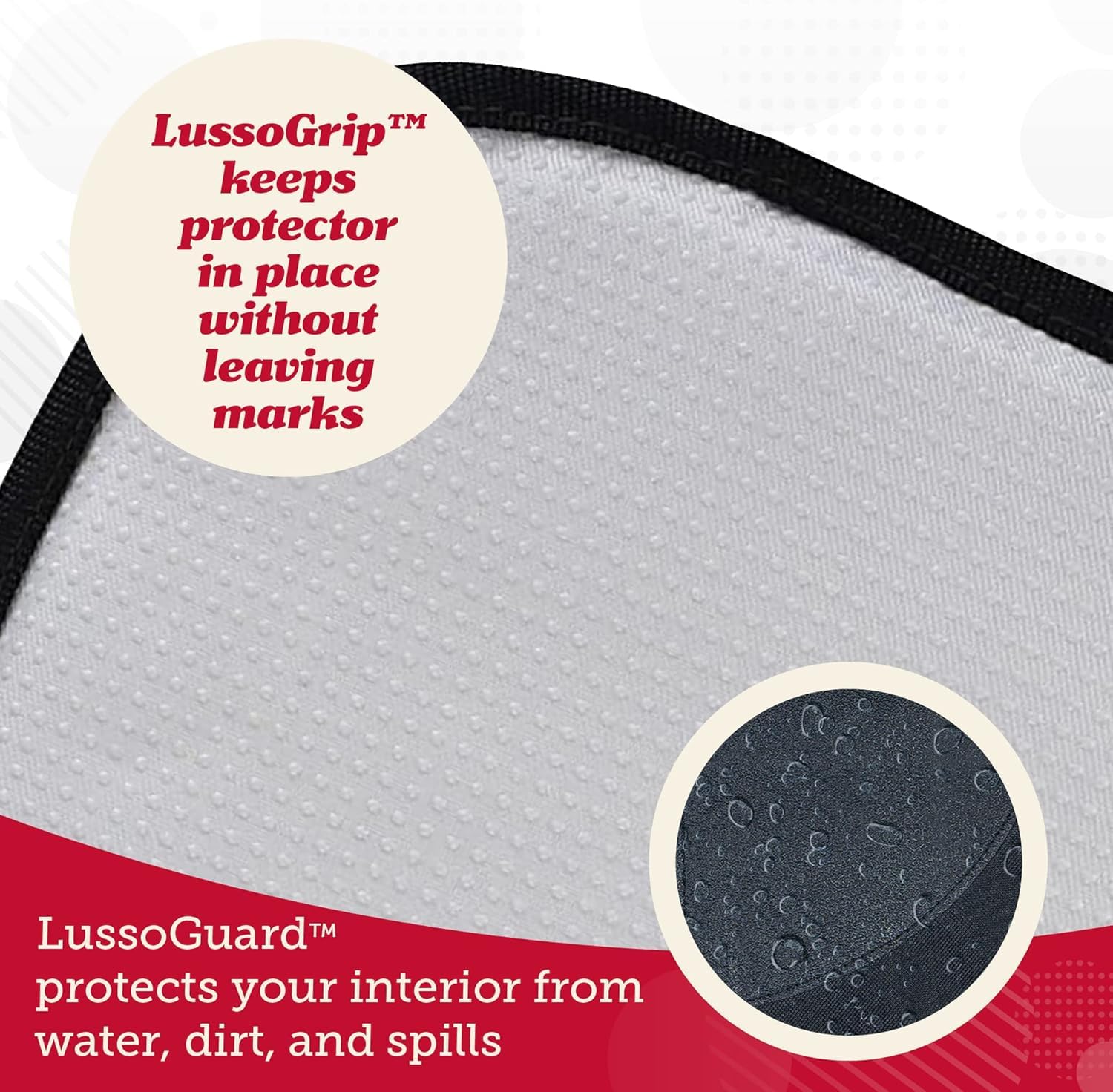 Lusso Gear car seat protector tan two-pockets close-up demonstrates handy storage for toys and snacks.