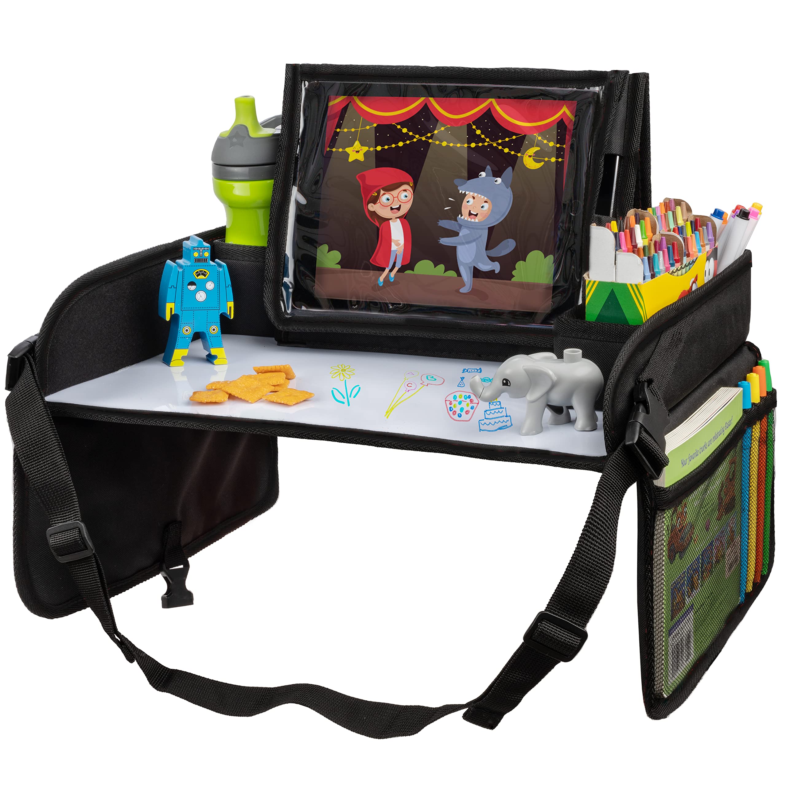 Lusso Gear car seat tray with dry-erase surface for kids’ activities during travel.