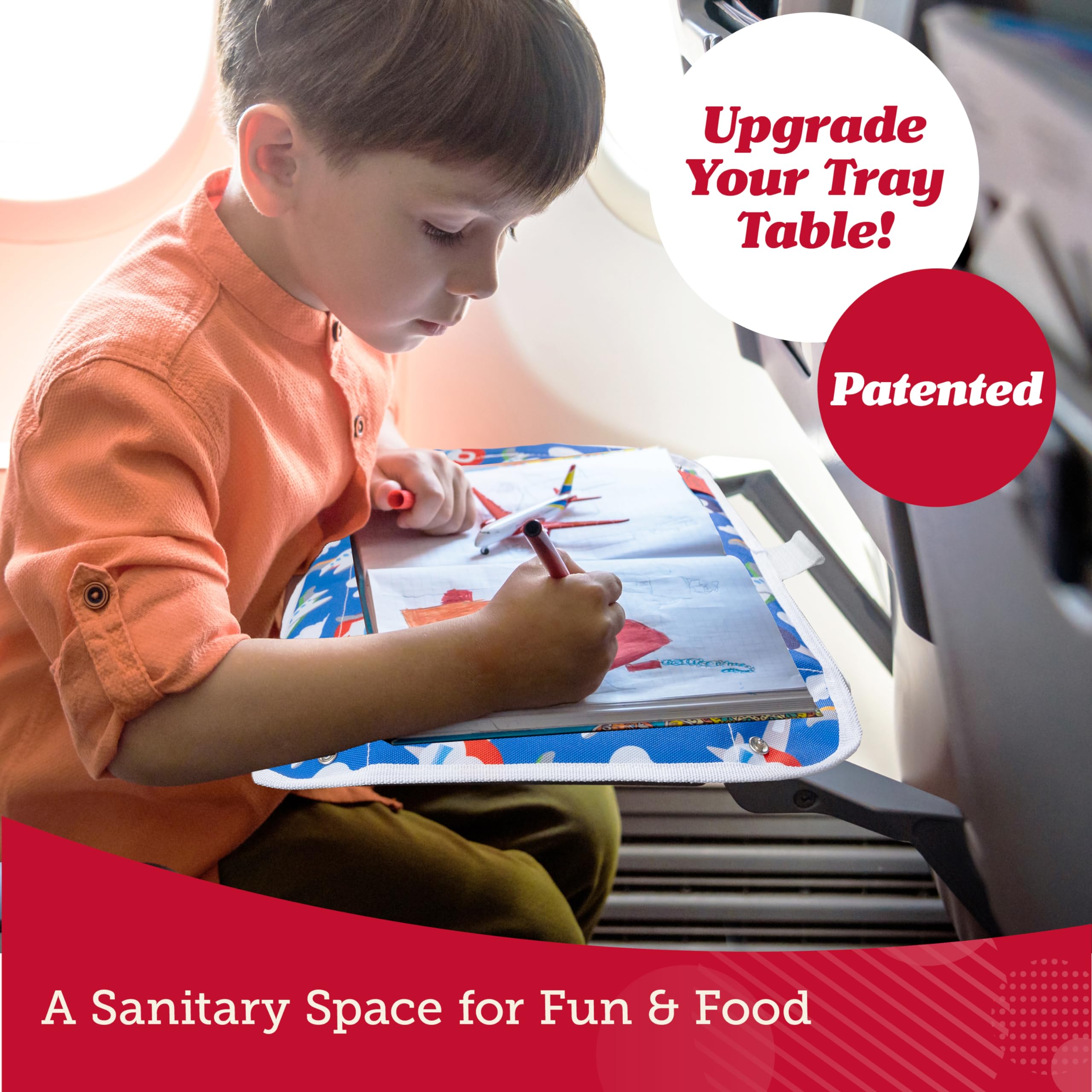 Lusso Gear Dino-themed travel tray cover showcases playful design for kid-friendly journeys.