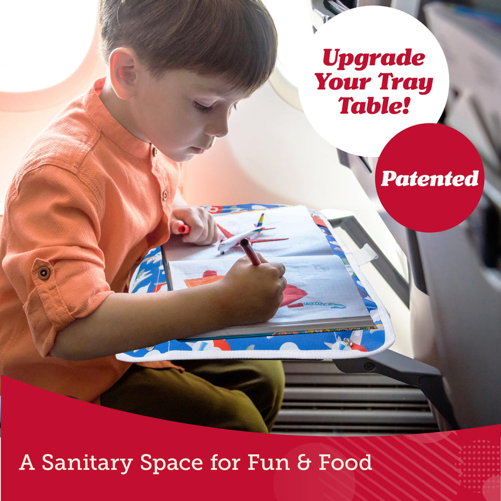 Lusso Gear Dino-themed travel tray cover showcases playful design for kid-friendly journeys.