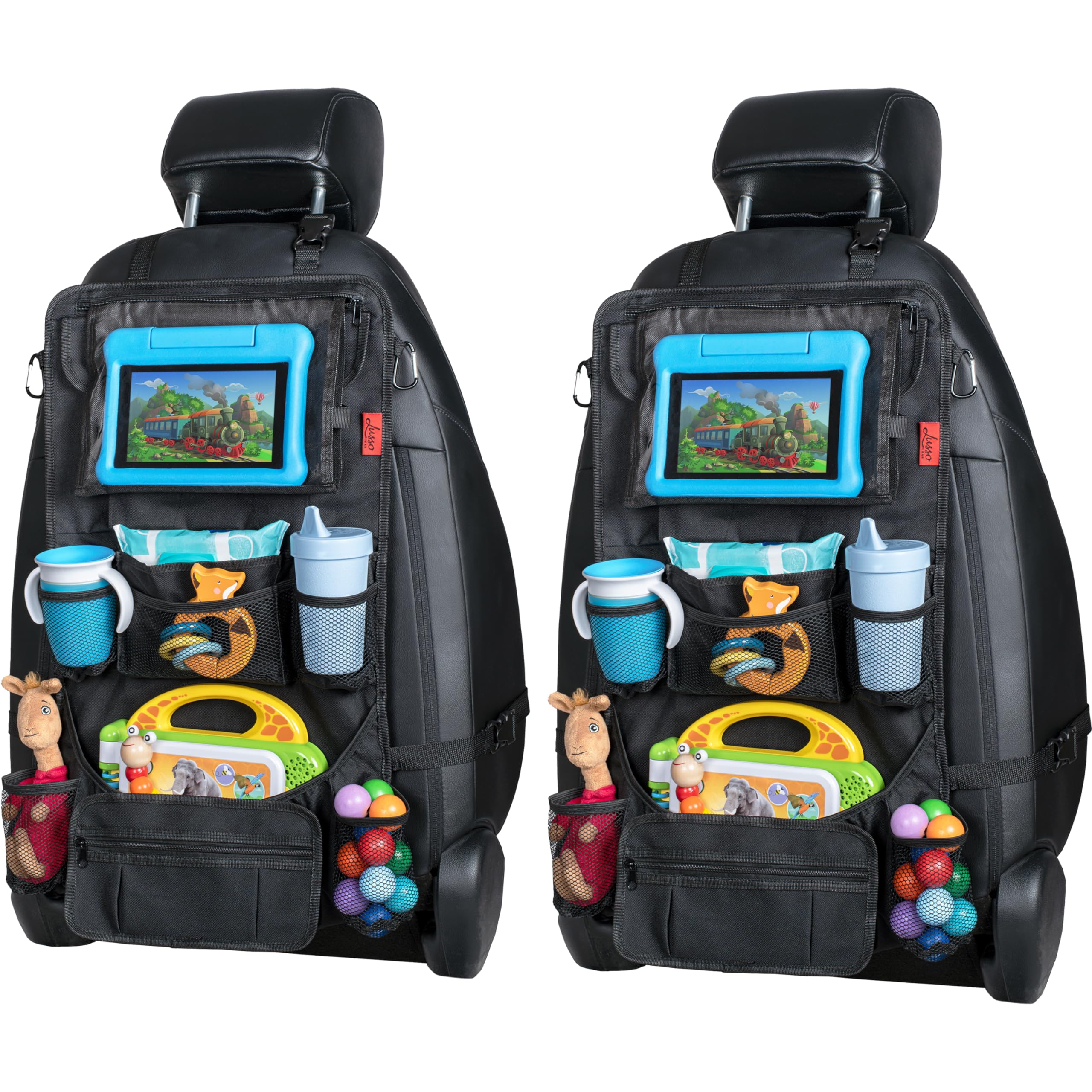 Lusso Gear heavy-duty backseat organizer front view showing sturdy construction for organized road trips