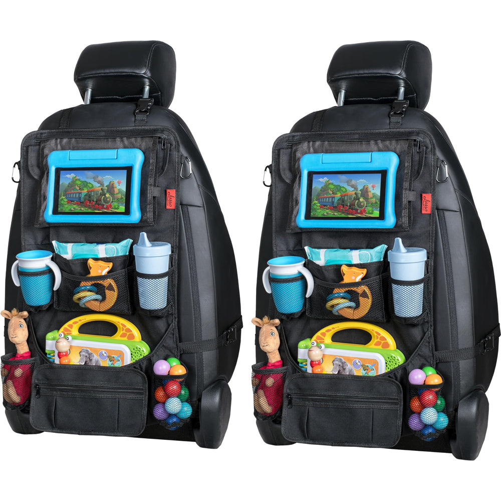 Lusso Gear heavy-duty backseat organizer front view showing sturdy construction for organized road trips
