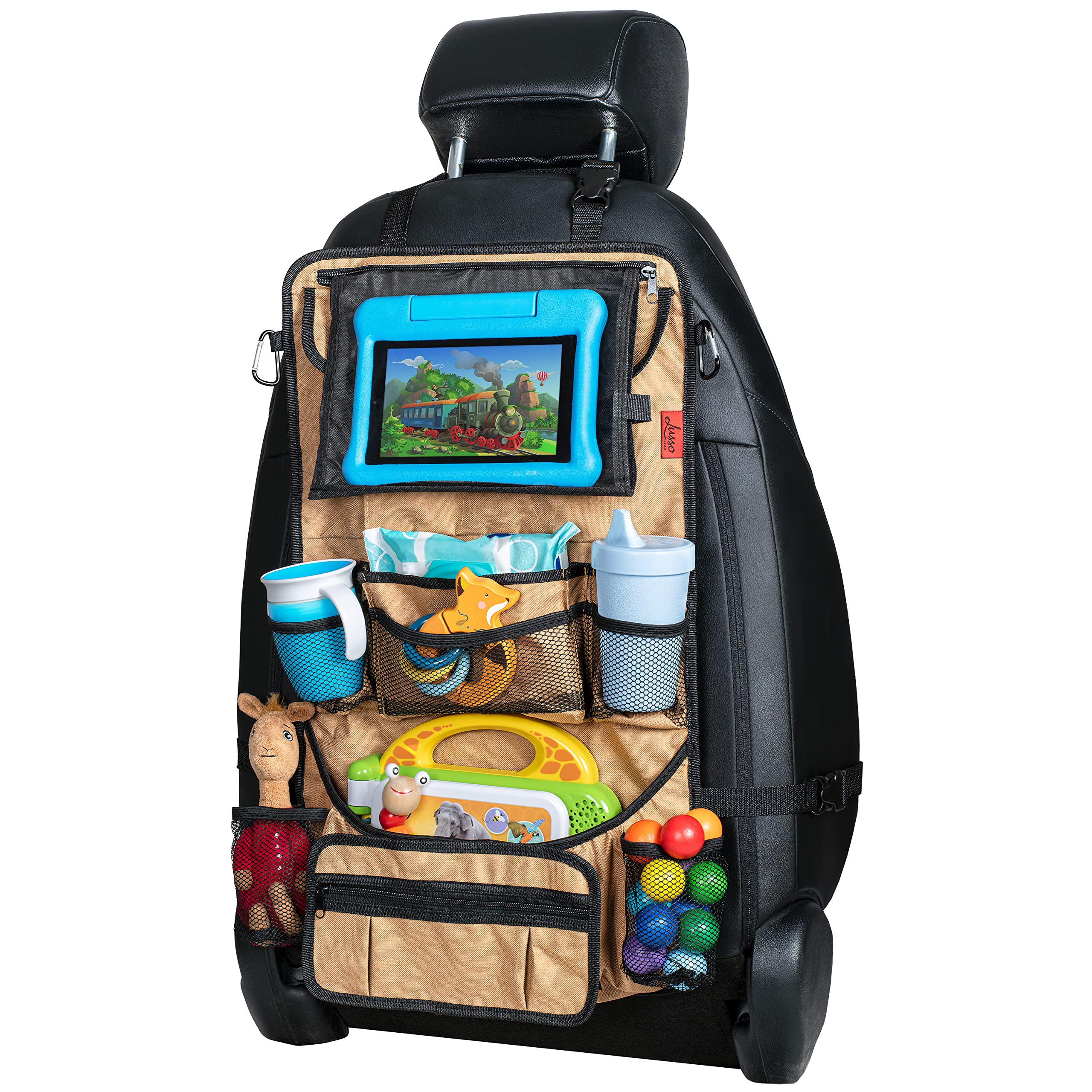 Lusso Gear backseat organizer tan front view highlights sag-proof corners for durable storage.