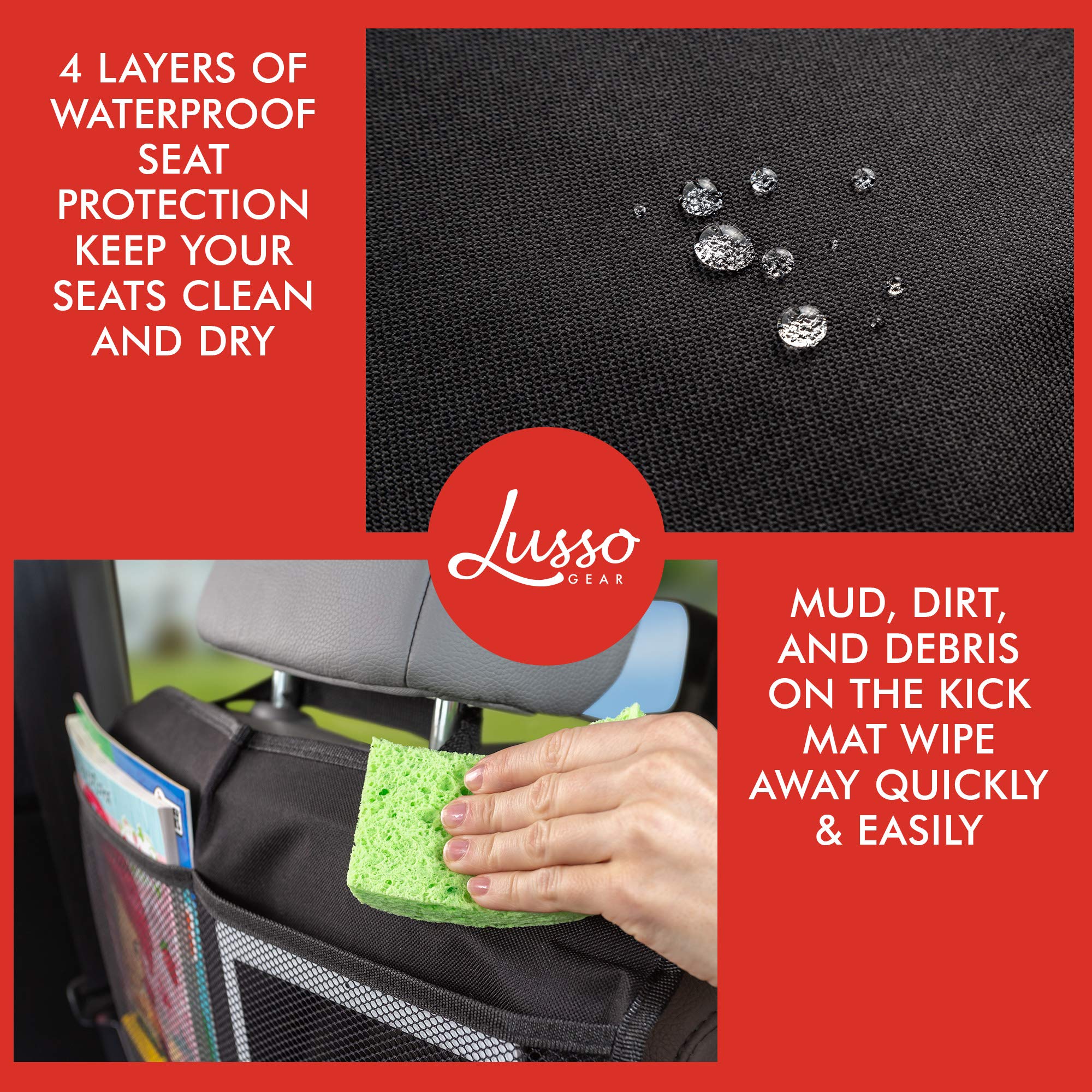 Lusso Gear kick mats machine washable label emphasizes simple cleanup after adventures.