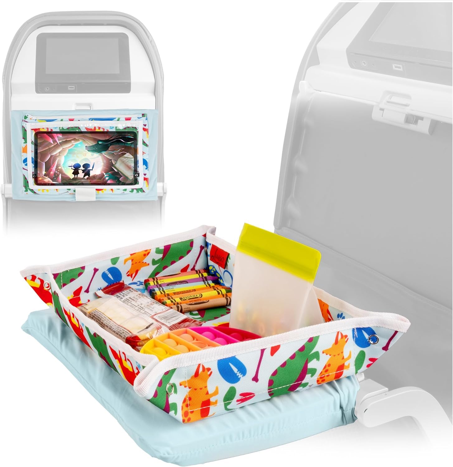 Lusso Gear Kids Tray Cover pockets closeup highlights organized toy storage during flights.