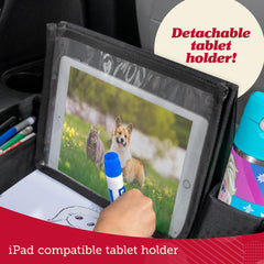 Lusso Gear Kids Lap Desk Tray cup-holder demonstrates easy beverage access during trips.