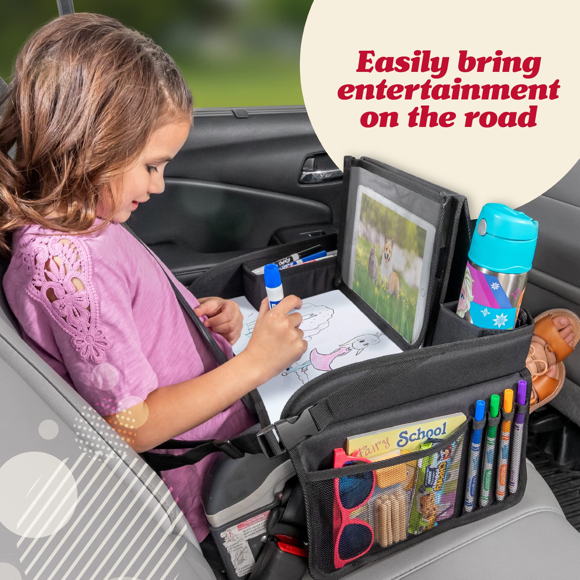 Lusso Gear Kids Lap Desk Tray mesh-pockets highlights snacks and small items within reach.