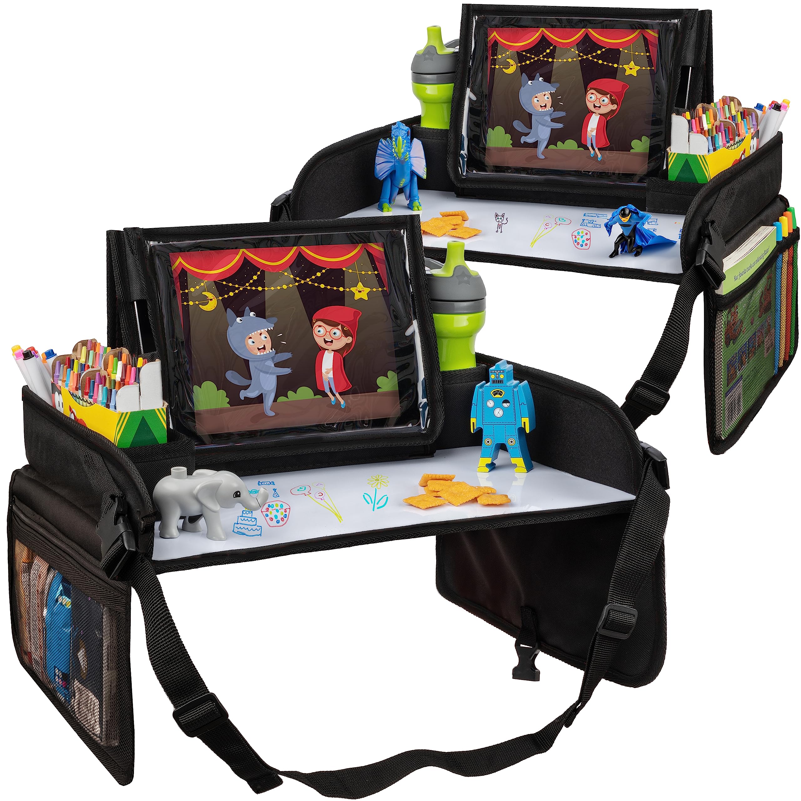 Lusso Gear Kids Lap Desk Tray open-flat creates a tidy travel workspace for car journeys.