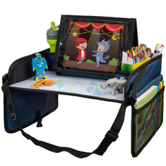 Lusso Gear Kids Travel Tray blue on a car seat keeps snacks organized during car rides.