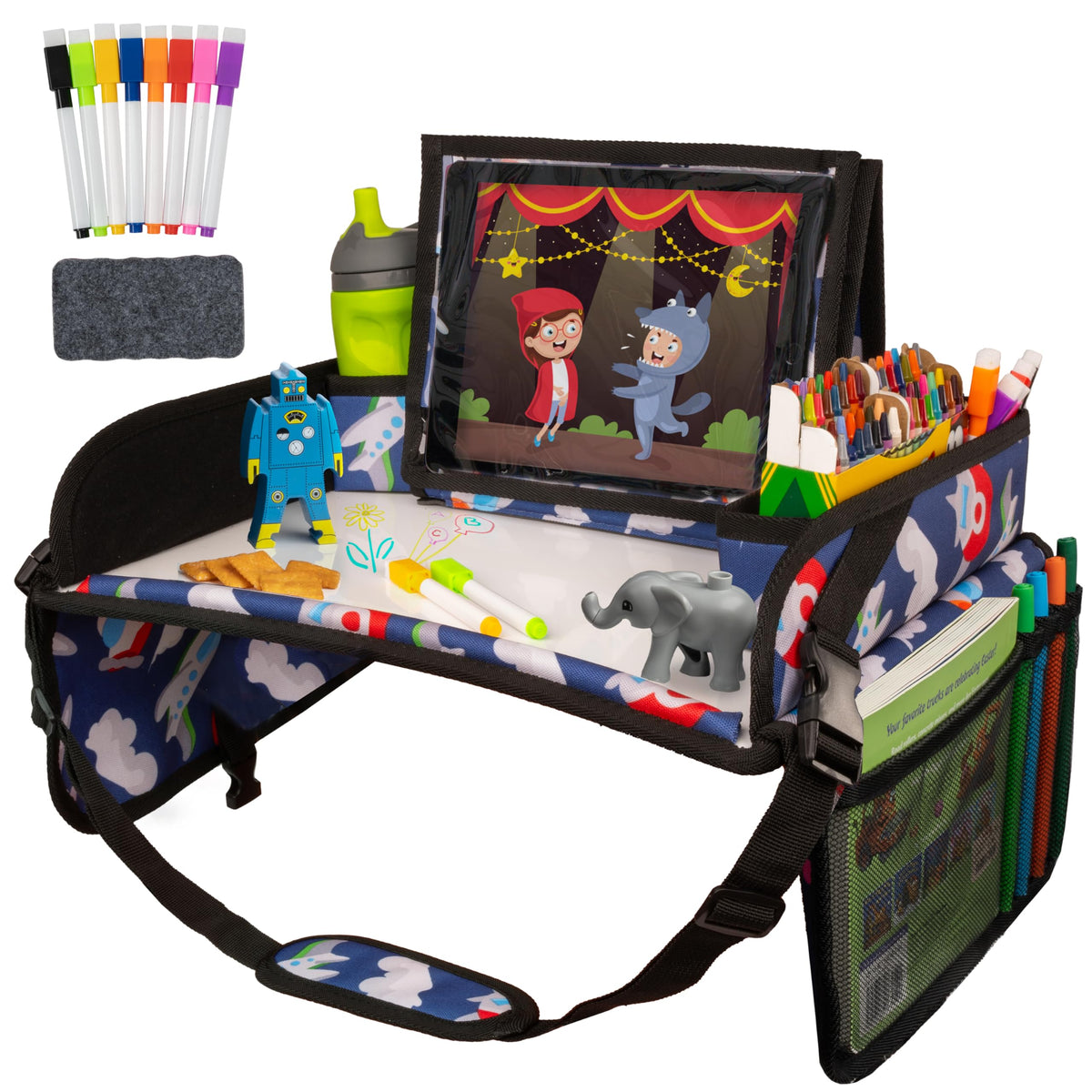 Lusso Gear Kids Travel Tray car-seat setup keeps snacks within reach during road trips.