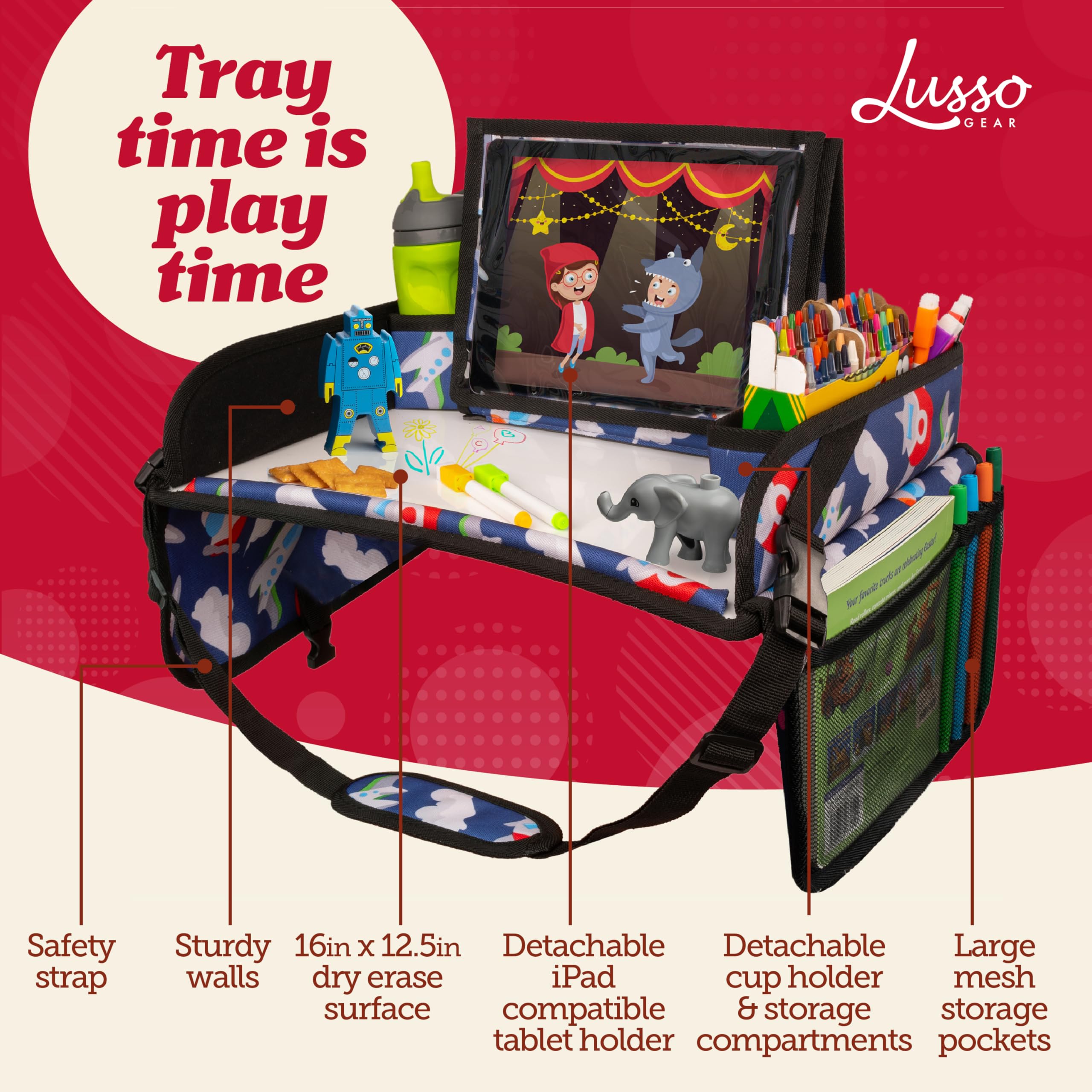 Lusso Gear Travel Tray dry-erase surface for quick activity changes and note taking.