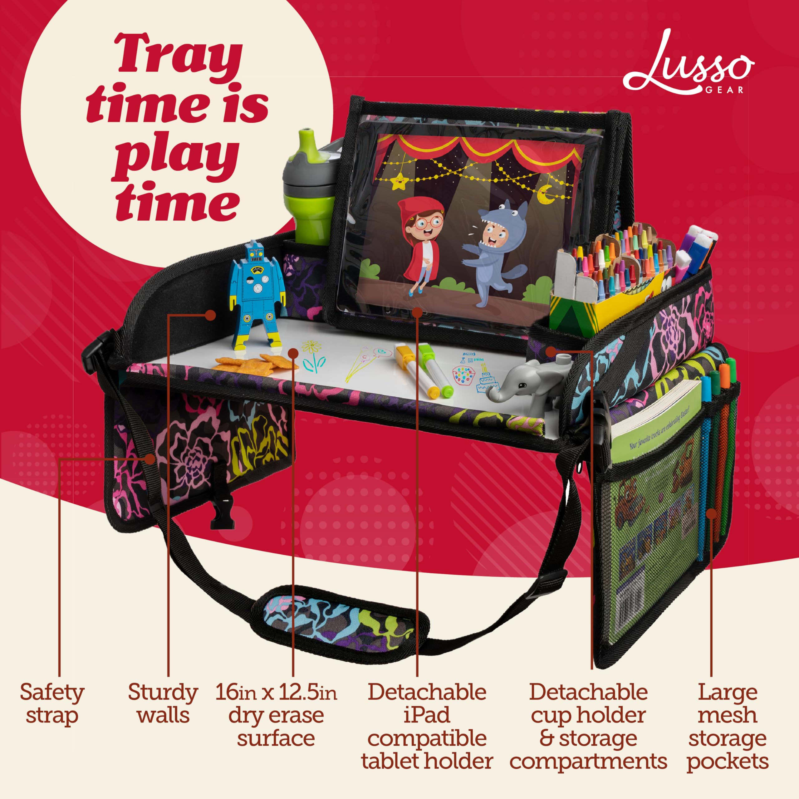 Lusso Gear Kids Travel Tray floral table-top surface perfect for snacks and crafts