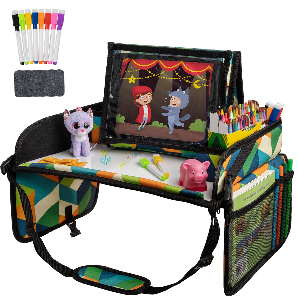 Lusso Gear Kids Travel Tray geometric front-view for organized car rides and snacks