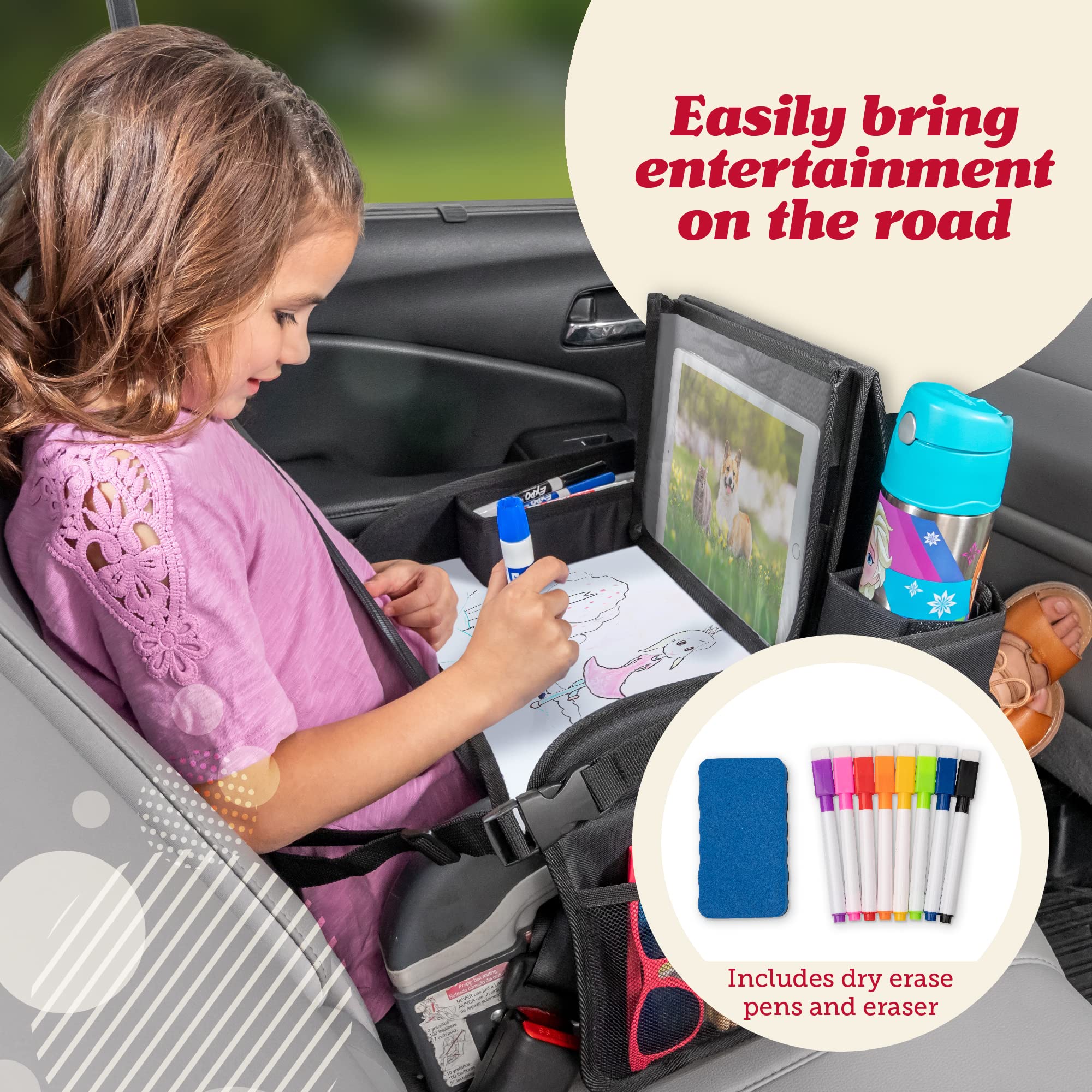 Lusso Gear Kids Travel Tray in use on car seat for road trip activities