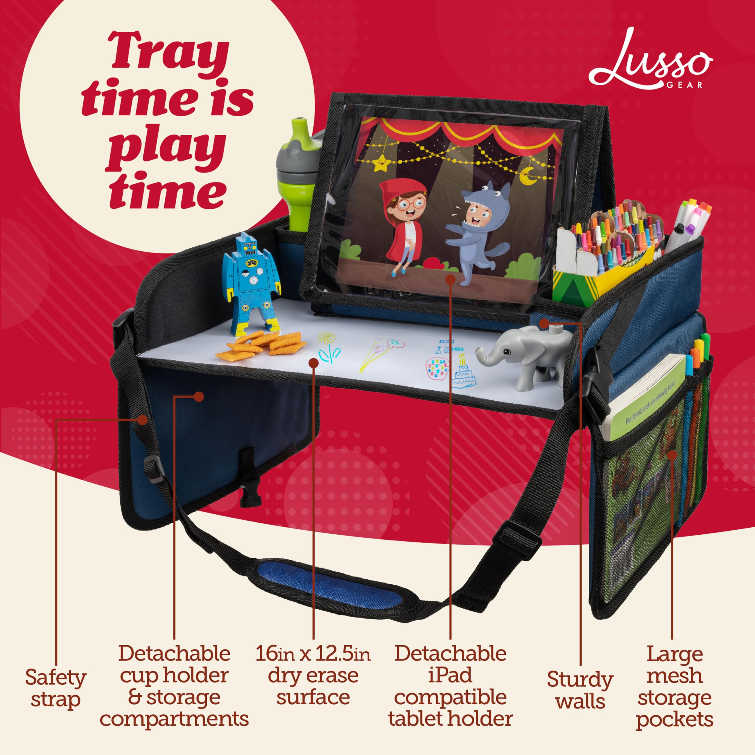 Lusso Gear travel tray with safety strap secures to car seats for peace of mind.