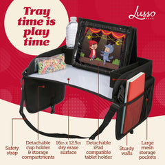 Lusso Gear tablet holder on tray keeps devices secure for toddler screen time.