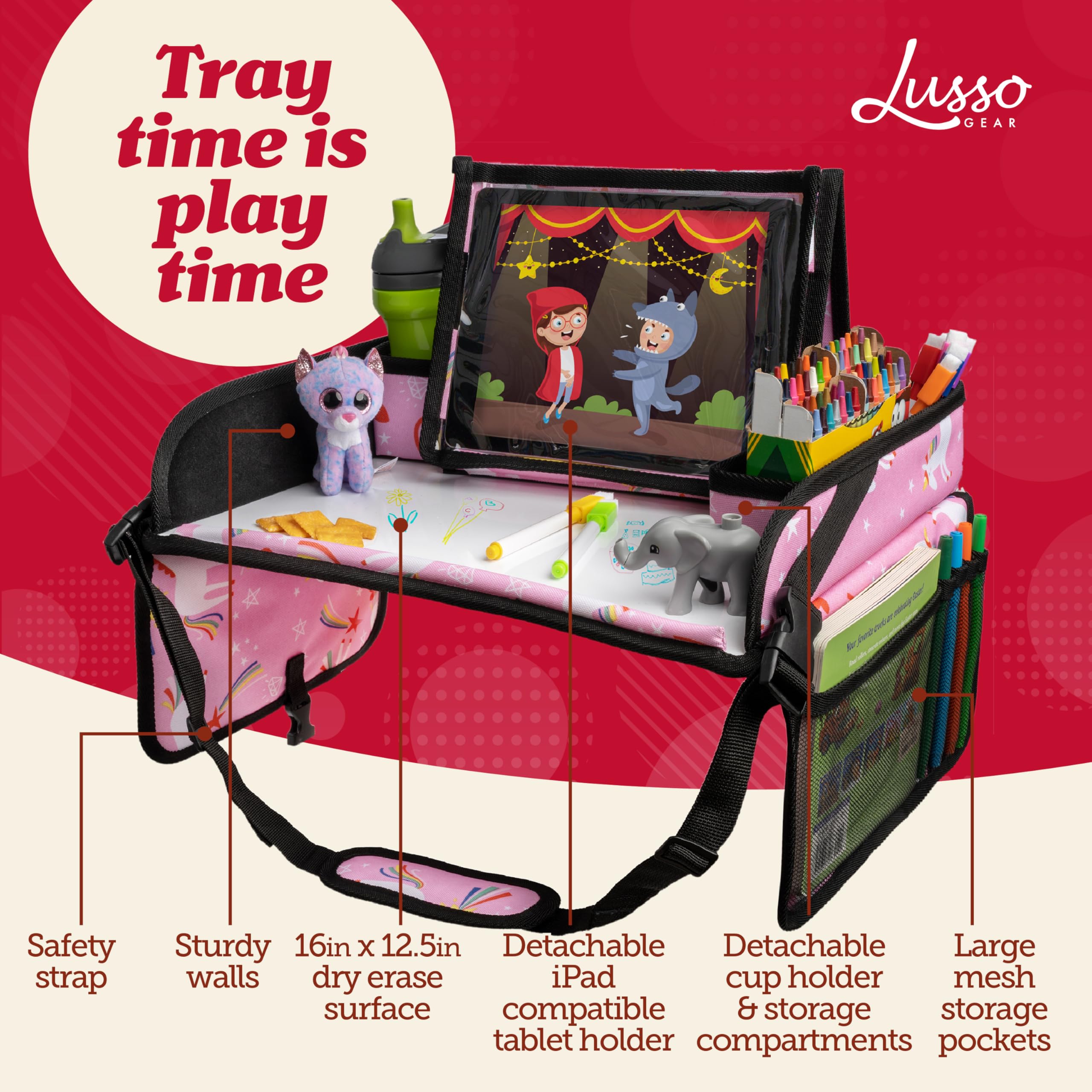 Lusso Gear Travel Tray shows secure tablet holder for safe device access on the go.