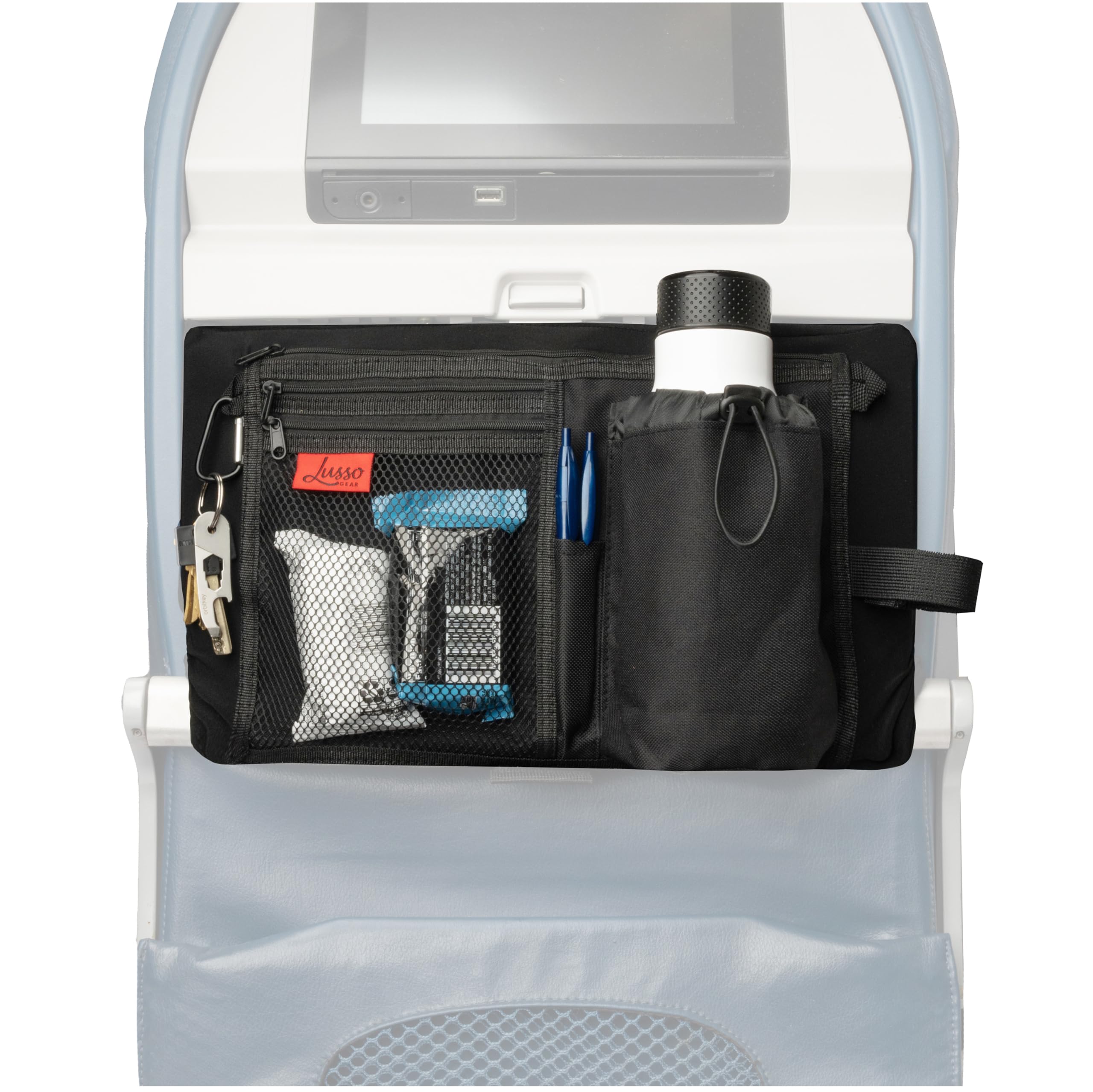 Lusso Gear tray cover five compartments keeps meals and utensils organized on flights.