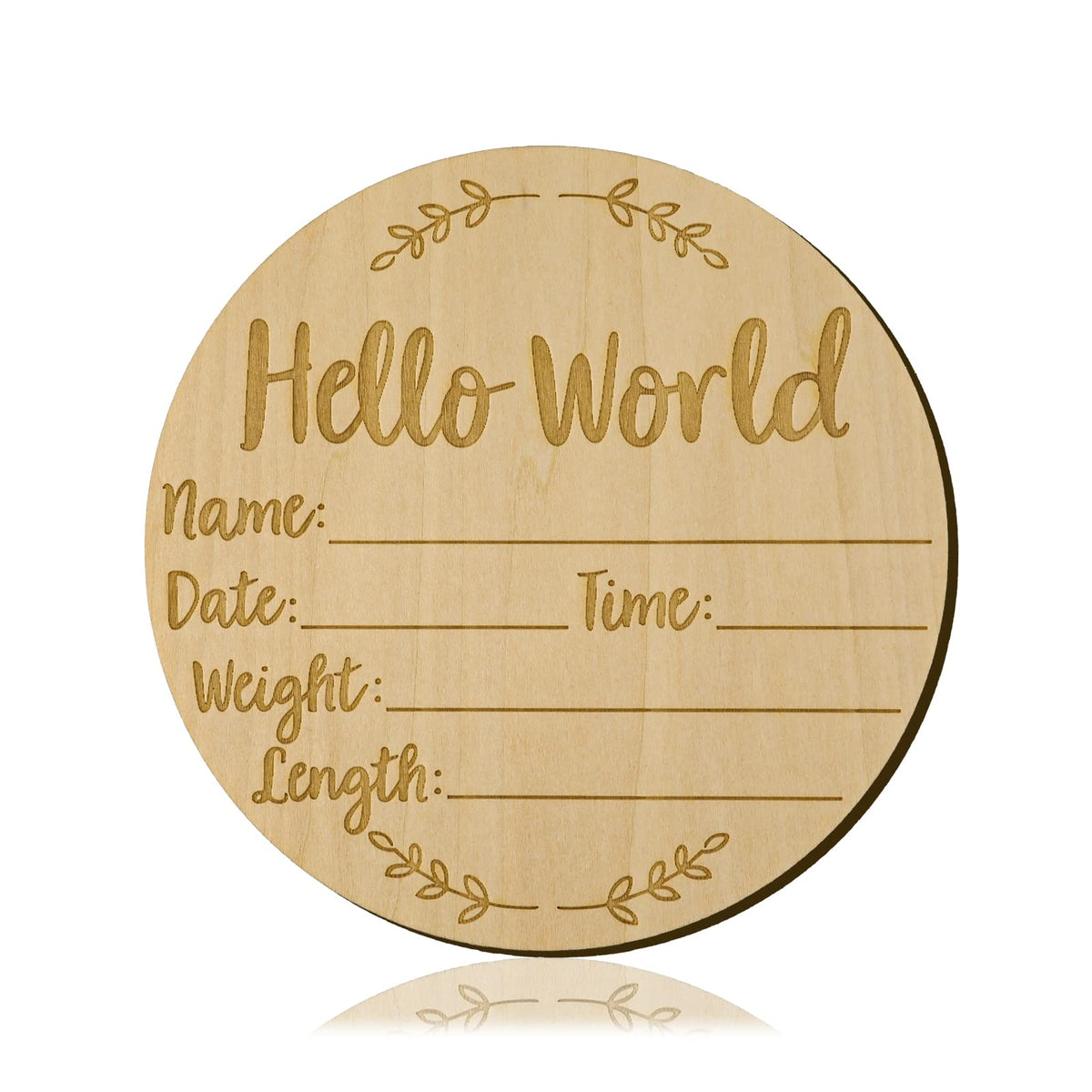 LUTER baby-announcement-sign hello world round on wood, perfect for newborn milestone photos.