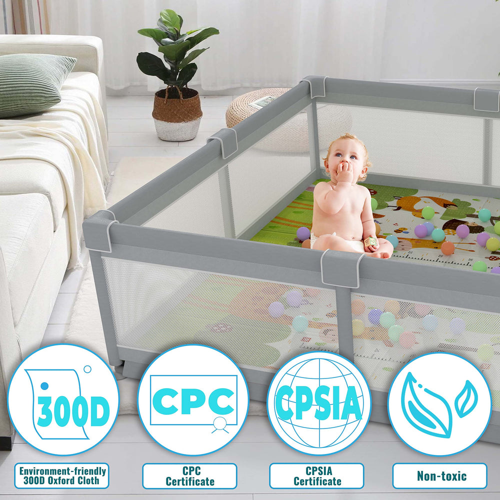 LUTIKIANG playpen base secured by non-slip suction cups and cushioned sleeves for safety.