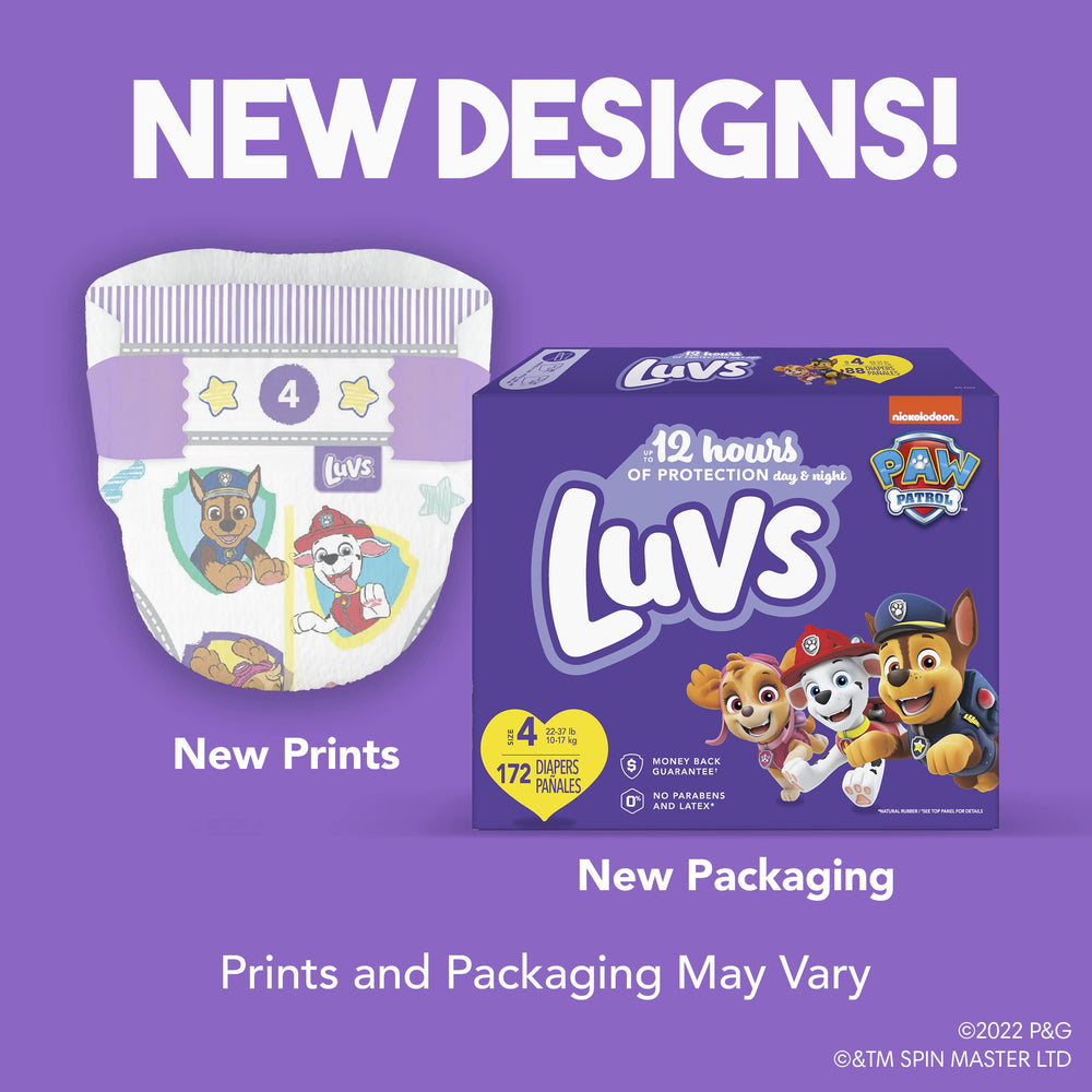 Luvs Paw Patrol prints on diapers offer fun visuals with secure leak protection.