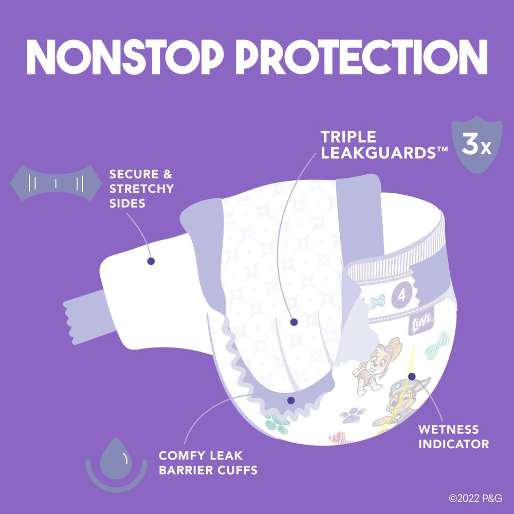 Luvs secure cuffs and stretchy sides lock in leaks during movement.