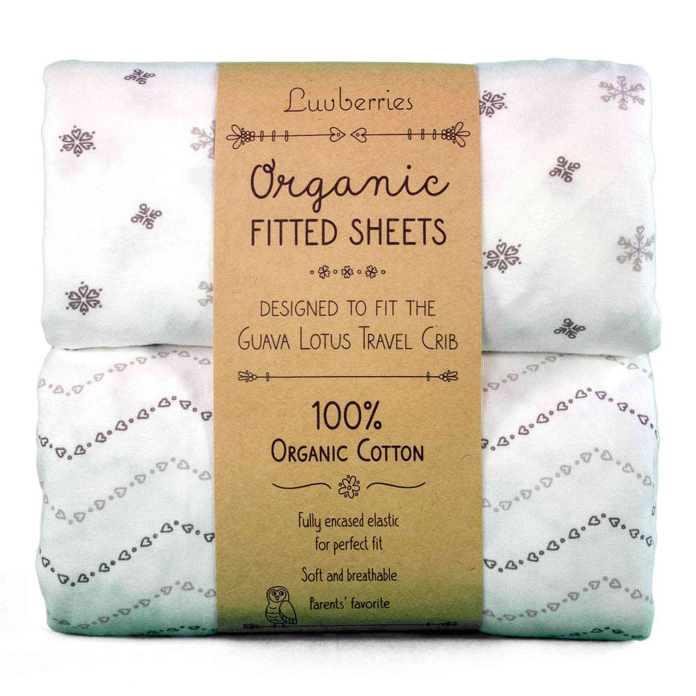 Luvberries Guava Lotus travel sheets packaging shows portable, eco-friendly baby bedding.