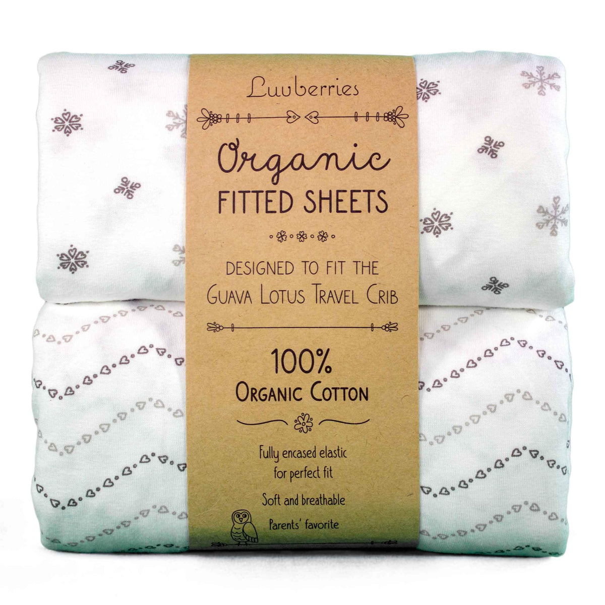 Luvberries Guava Lotus travel sheets packaging shows portable, eco-friendly baby bedding.