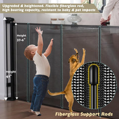 Luvcoo 41-inch tall retractable gate prevents climbing at stairs and doorways.
