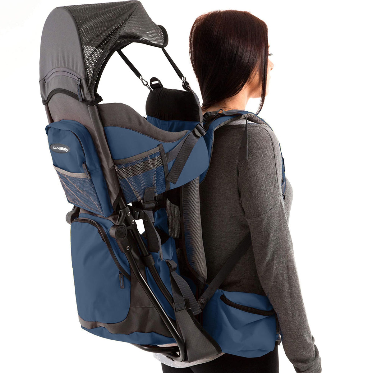 Luvdbaby hiking baby carrier backpack: padded cocoon and safety straps for secure outdoor outings.