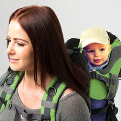 Luvdbaby hiking baby carrier with removable sun visor protects your child from elements.