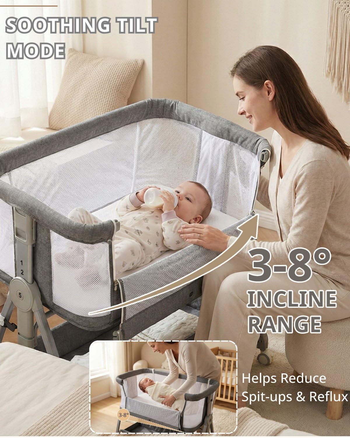 Luvkixen height-adjustable bassinet aligned with beds from 13.5 to 20 inches.