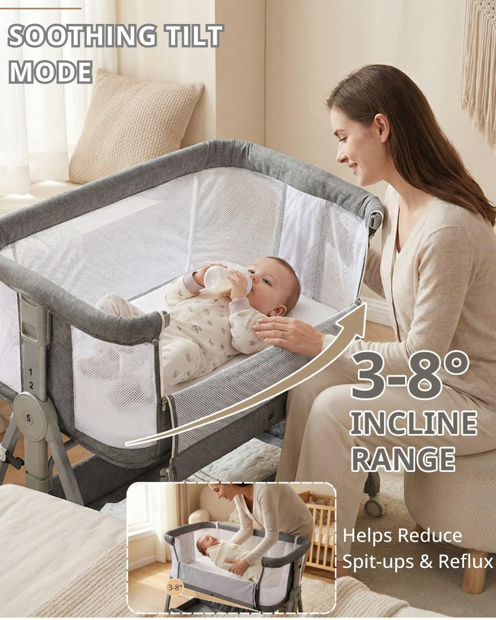 Luvkixen height-adjustable bassinet aligned with beds from 13.5 to 20 inches.