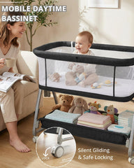 Luvkixen height-adjustable bassinet aligns with platform beds for easy night nursing.