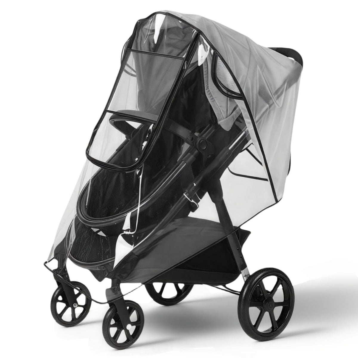 Luvorise stroller rain cover universal fit demonstrates quick attachment to most prams.