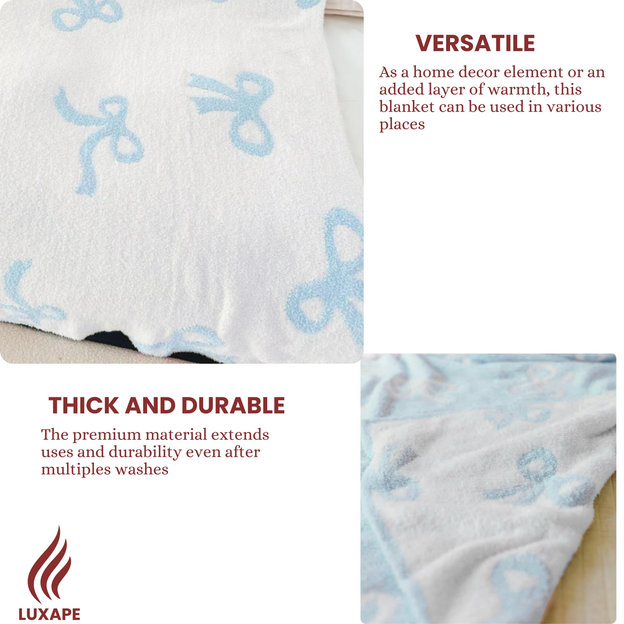 Luxape Bow Blanket reversible design with two sides for varied style.