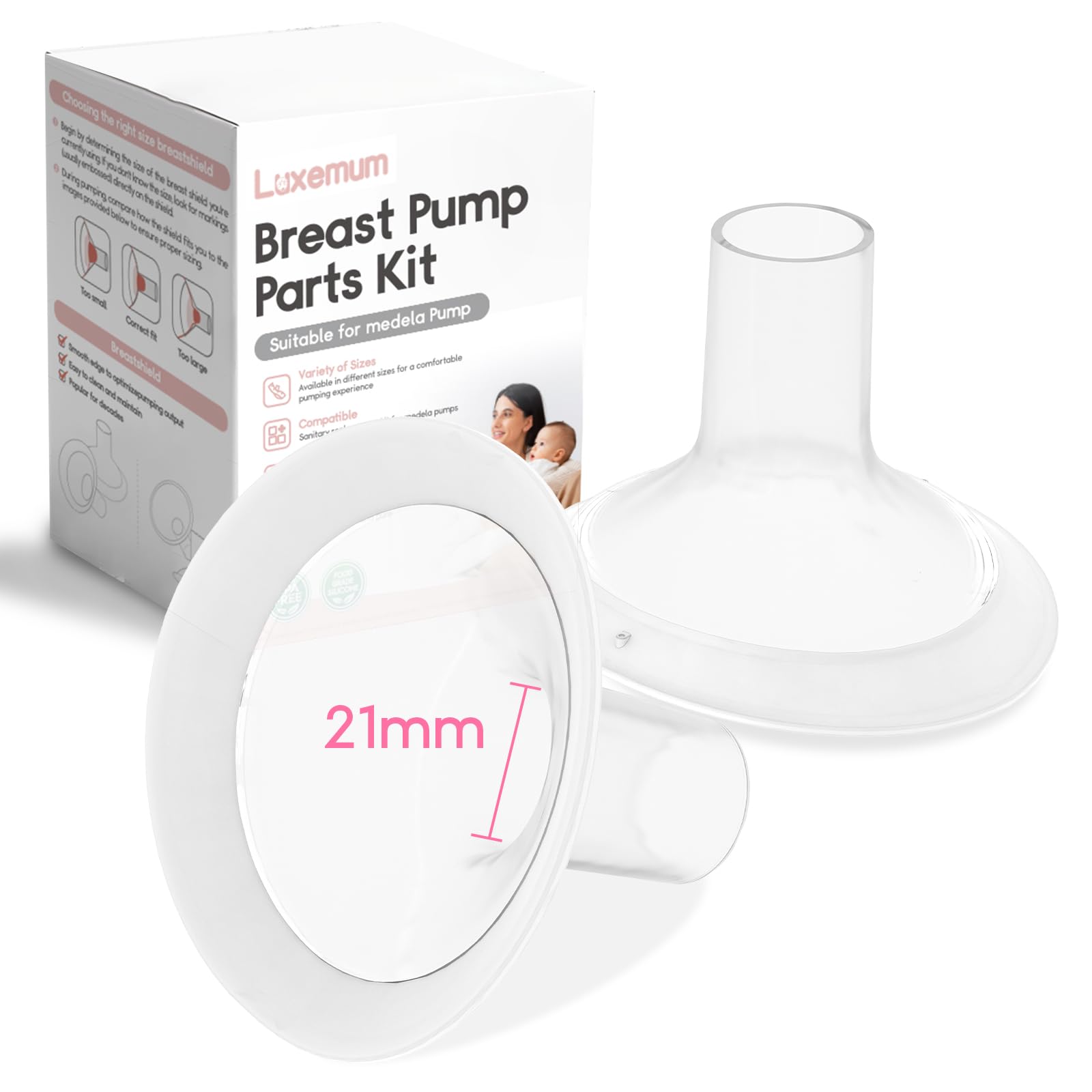 Luxemum breast pump parts Medela 21mm oval front view offering universal compatibility and comfort.