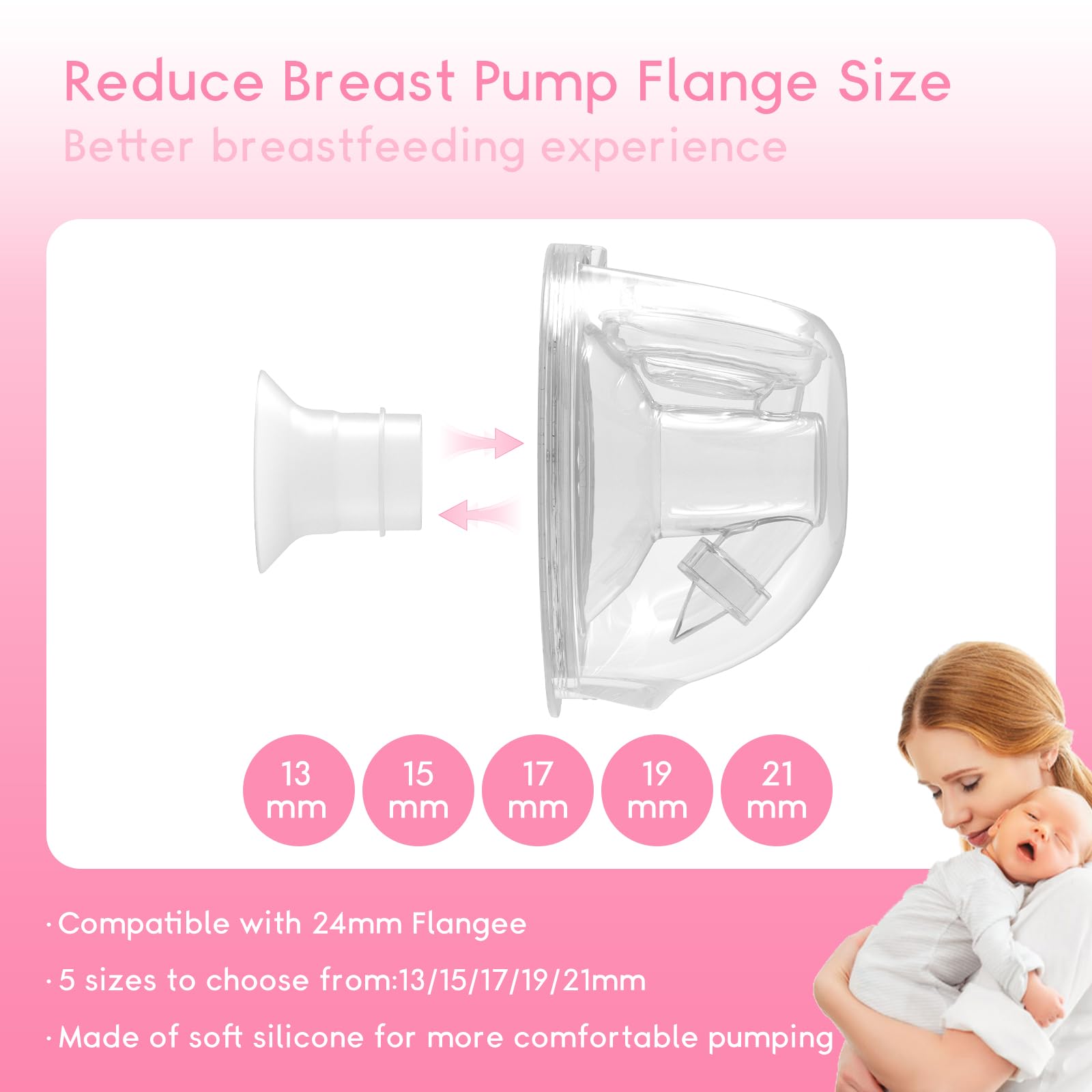 Luxemum flange inserts 21mm closeup for adaptable sizing across breastfeeding stages