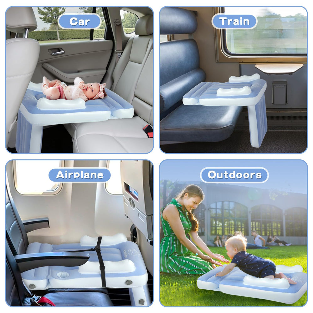 Luxiglo inflatable airplane bed in use creates a flat toddler sleeping surface mid-flight.