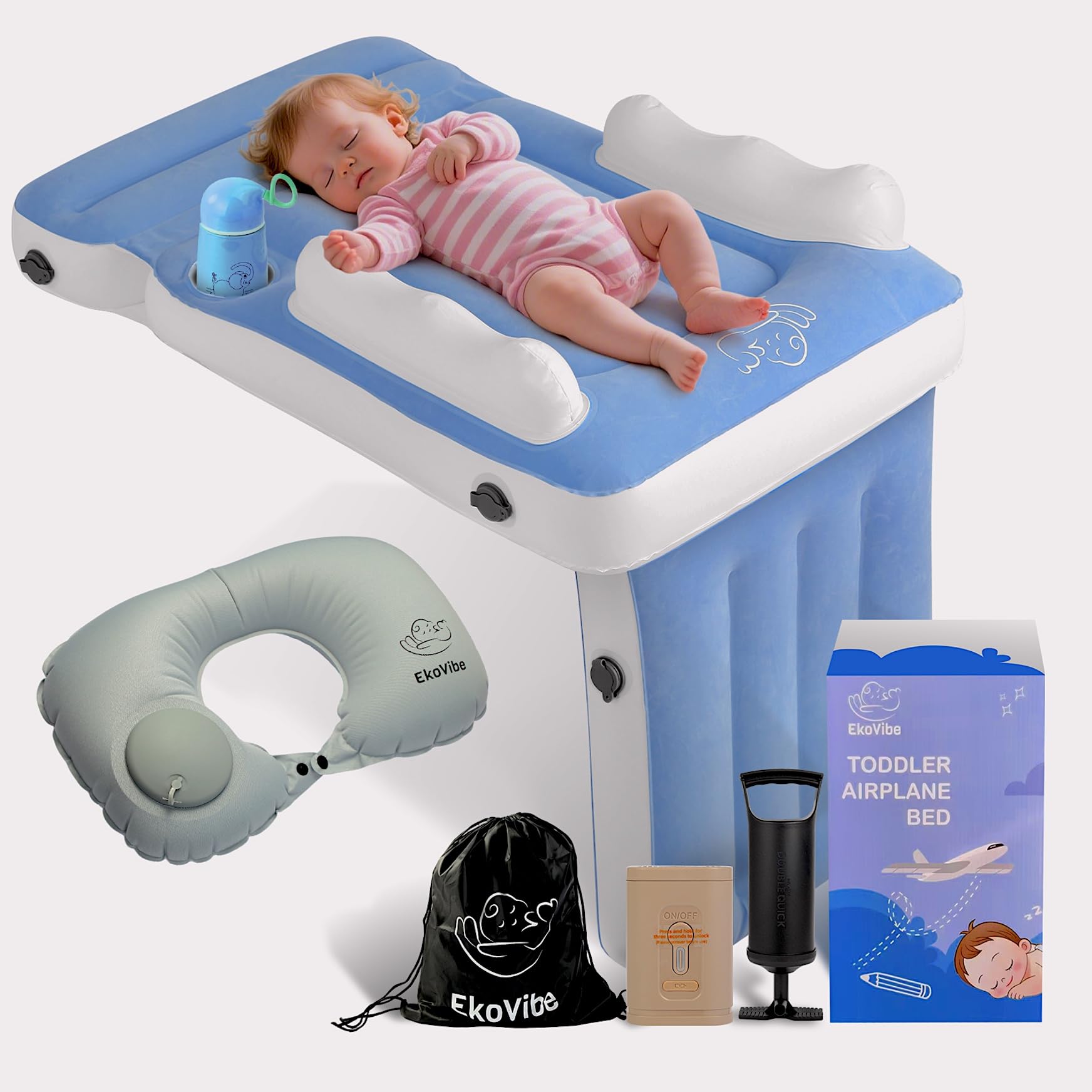 Luxiglo inflatable airplane bed for toddlers during setup offers quick, comfortable on-the-go travel.