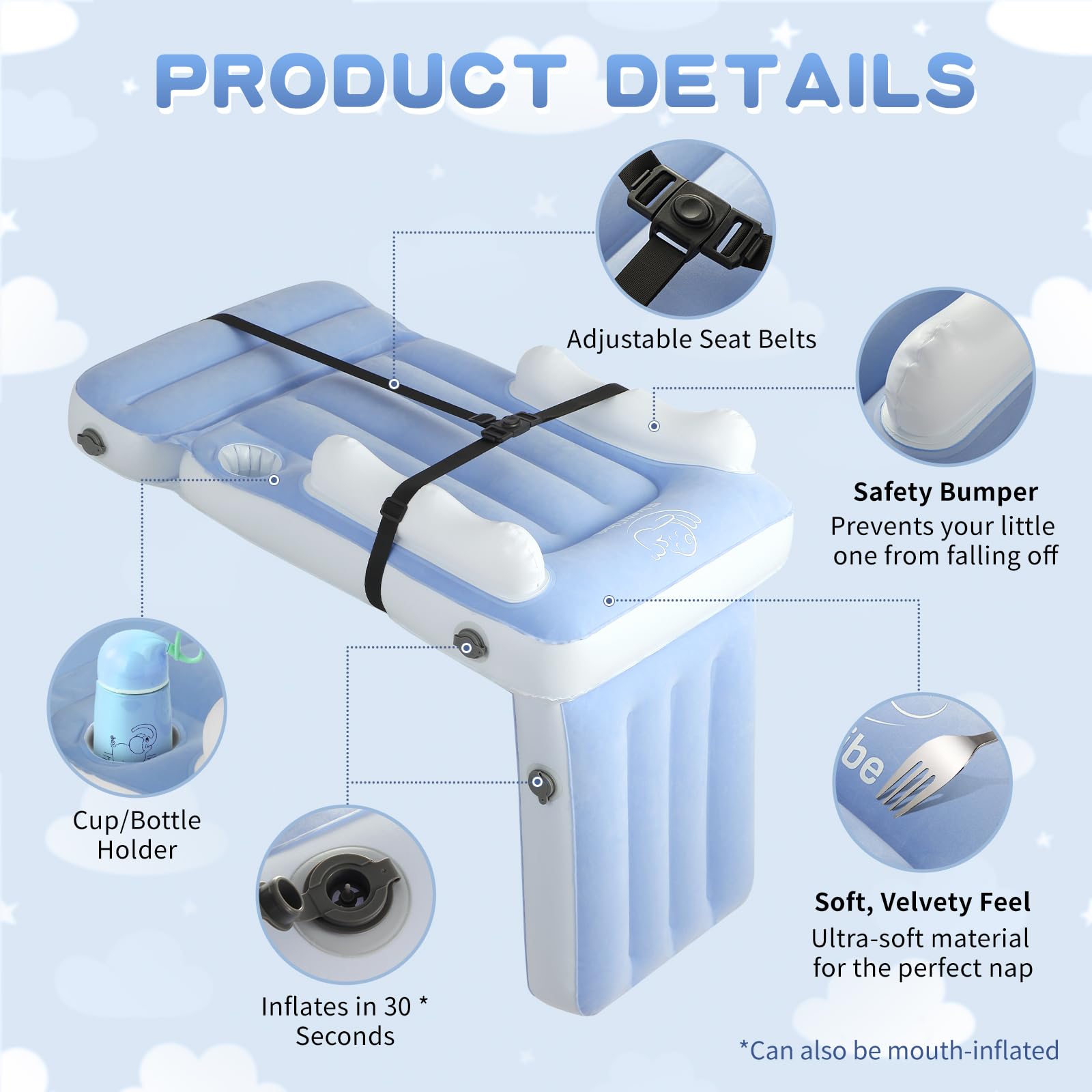 Luxiglo toddler bed extends seat to about 18x18 inches when inflated.