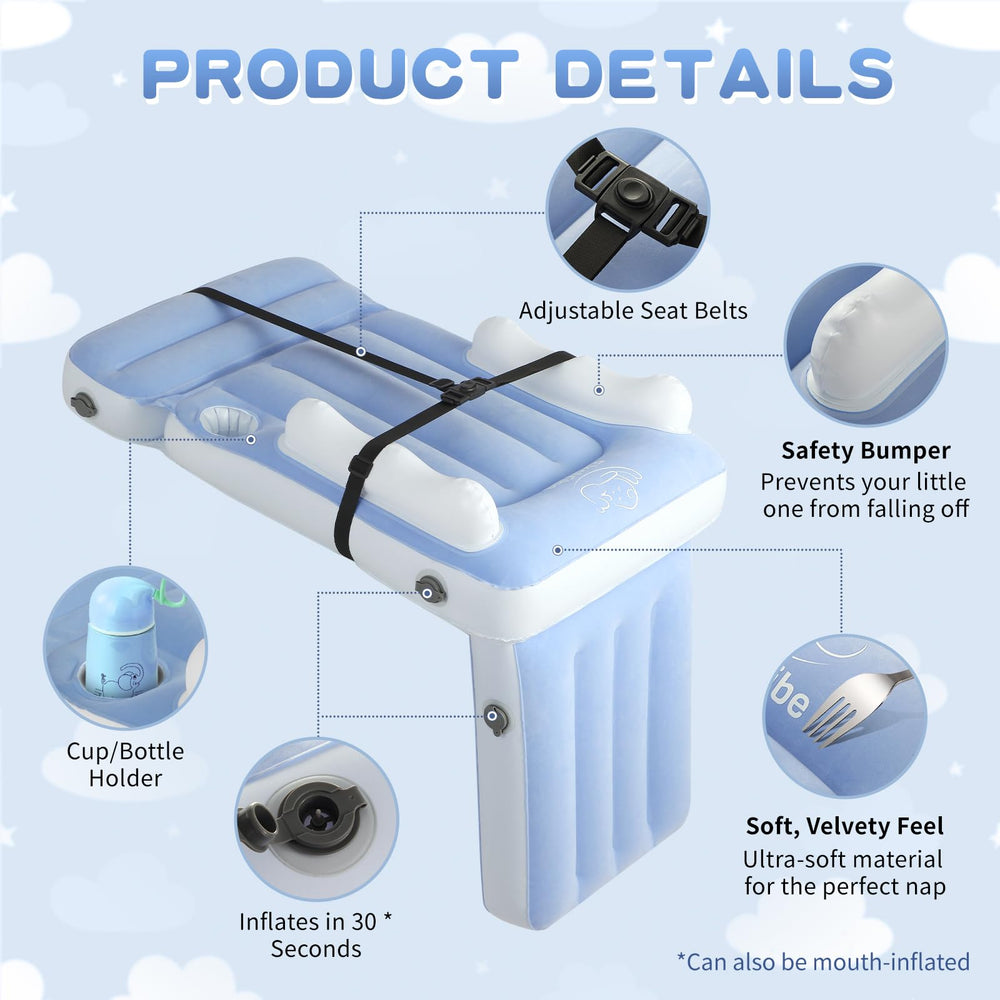 Luxiglo toddler bed extends seat to about 18x18 inches when inflated.