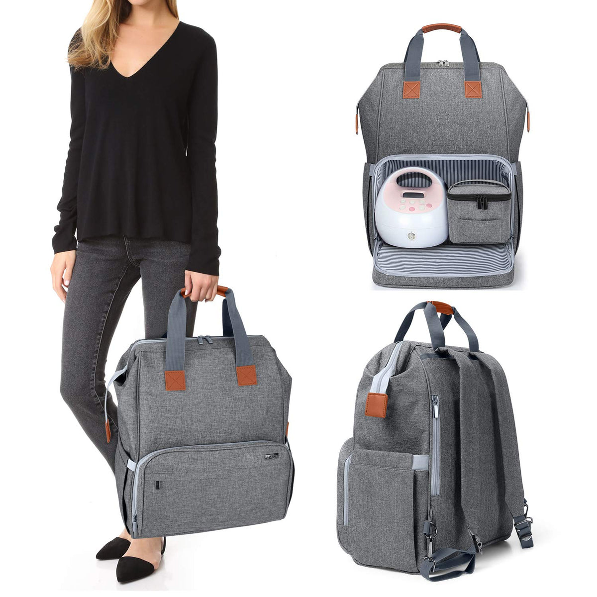 LUXJA breast pump bag front pocket keeps pumping essentials within easy reach.