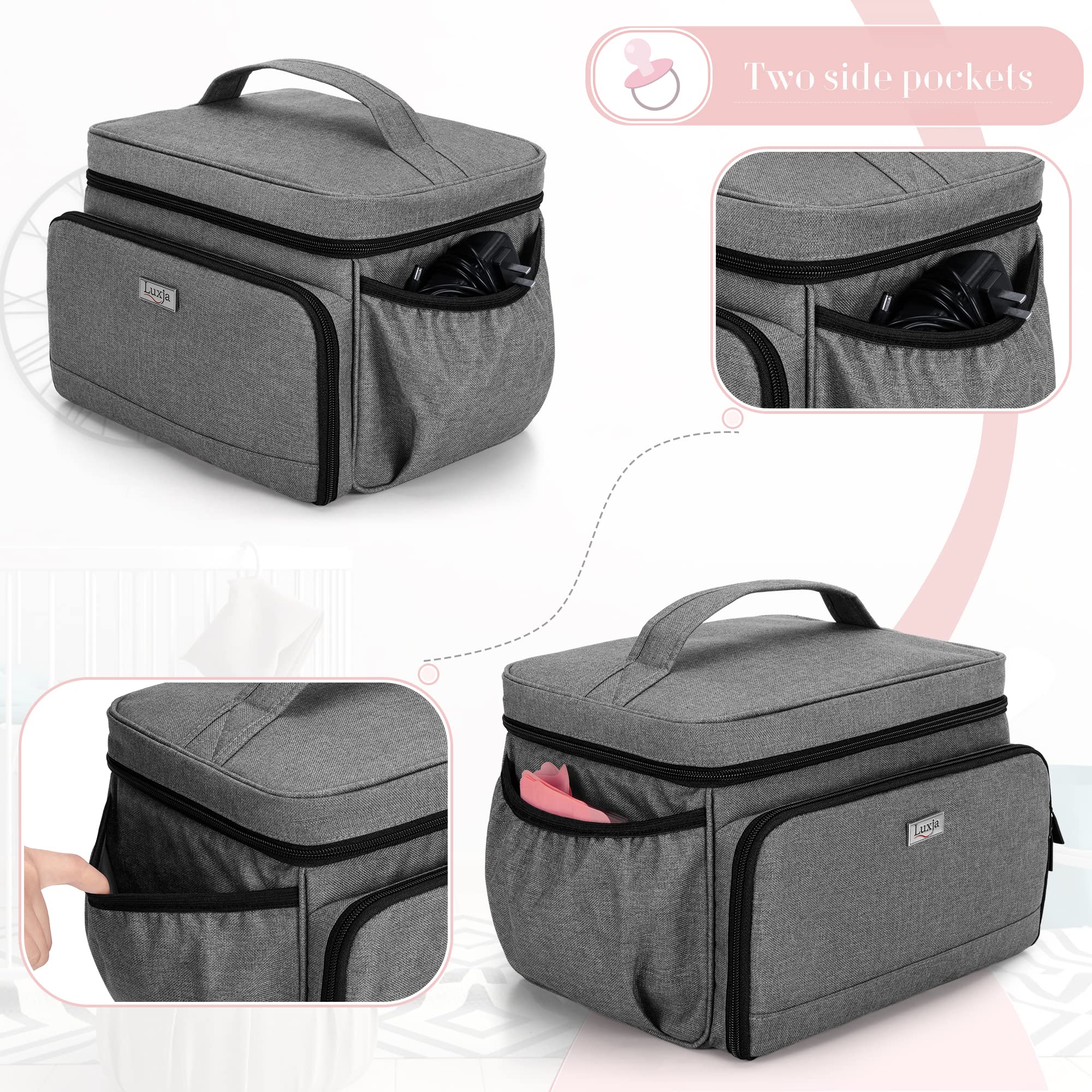 Luxja breast pump bag gray side pockets store power cord and storage bags.